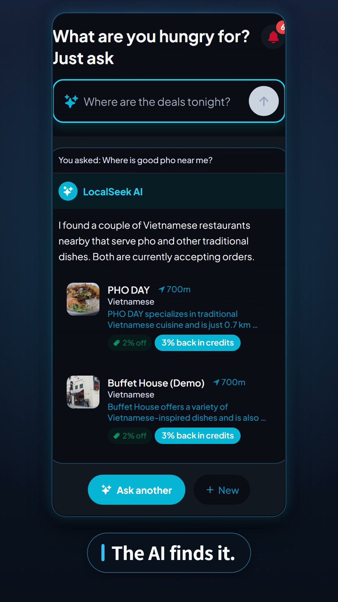 Screen recording of the LocalSeek app: asking the AI for pho, opening PHO DAY, ordering