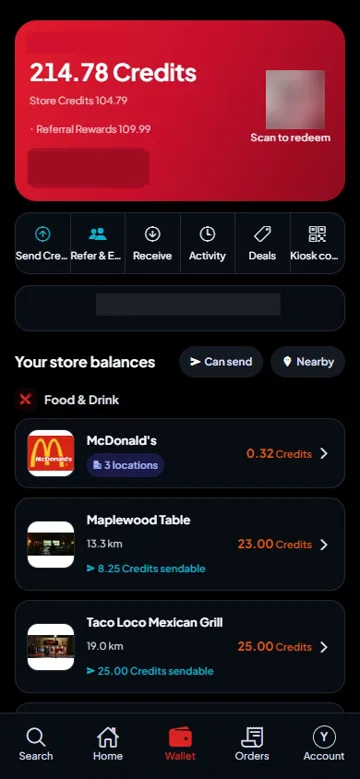 Real screen: the wallet with a balance per place